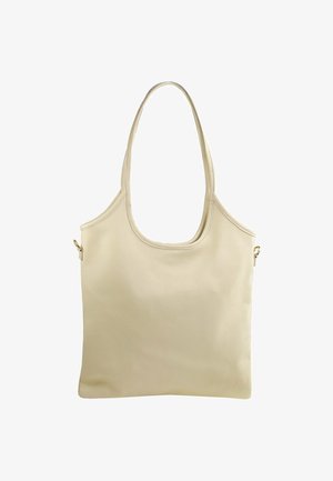 Sac fourre-tout en cuir beige avec une texture douce, ouverture en forme ovale et deux poignées. Présente un accent matériel latéral unique.