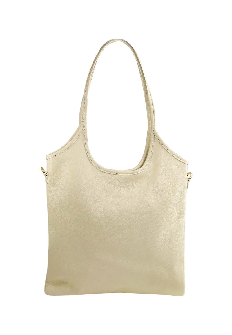 Beige leren handtas met een zachte textuur, ovalen opening en dubbele schouderbanden. Bevat een enkele hardware accent aan de zijkant.