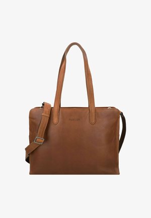 Braune Ledertasche mit doppelten Griffen und verstellbarem Schultergurt. Sie hat eine glatte Textur und ein Logodetail auf der Vorderseite.