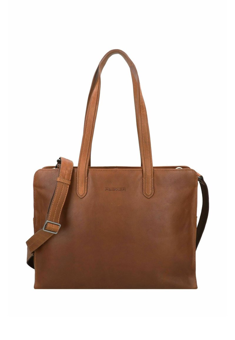 Braune Ledertasche mit doppelten Griffen und verstellbarem Schultergurt. Sie hat eine glatte Textur und ein Logodetail auf der Vorderseite.