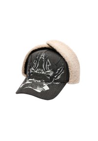 Cappello nero con texture in denim, dotato di una morbida falda per le orecchie color nocciola, design di un'aquila stampata e l'anno "1971" in grigio.