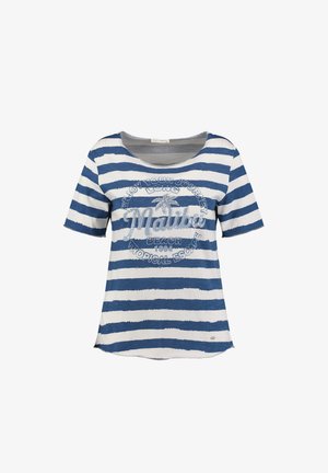 Blau-weiß gestreiftes T-Shirt mit kurzen Ärmeln, "Malibu Beach 1994" und Palmenmotiv sowie dem Text "Enjoy your journey tropical escape."