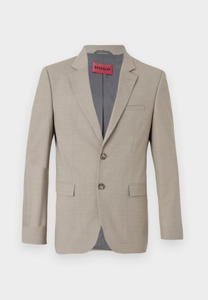 Beige sako se dvěma knoflíky, klopami a jednou náprsní kapsou. Podšité šedou látkou. Jemná tkaná textura.