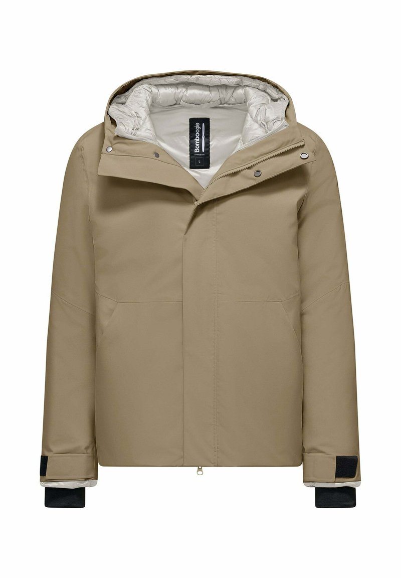 Giacca isolata beige con cappuccio, dotata di chiusura con zip, bottoni a scatto, tasche laterali e accenti neri sui polsini. Fodera interna liscia.