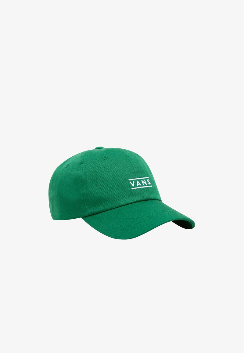 Casquette en coton verte avec une visière courbée et un logo "VANS" blanc à l'avant. Design simple sans motifs ni accents supplémentaires.