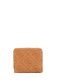 Portafoglio in pelle tan con motivo trapuntato e logo in rilievo, dotato di chiusura a zip e texture liscia. Forma rettangolare compatta.