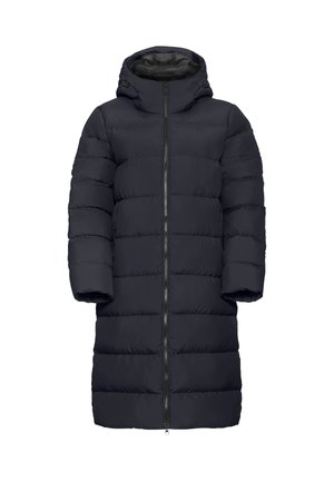 Navyblauer Daunenmantel mit Kapuze, ausgestattet mit einem durchgehenden Reißverschluss, weiten Ärmeln und einer gesteppten Textur mit horizontalen Nähten.