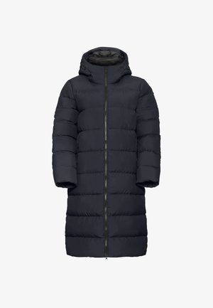 Navyblauer Daunenmantel mit Kapuze, ausgestattet mit einem durchgehenden Reißverschluss, weiten Ärmeln und einer gesteppten Textur mit horizontalen Nähten.