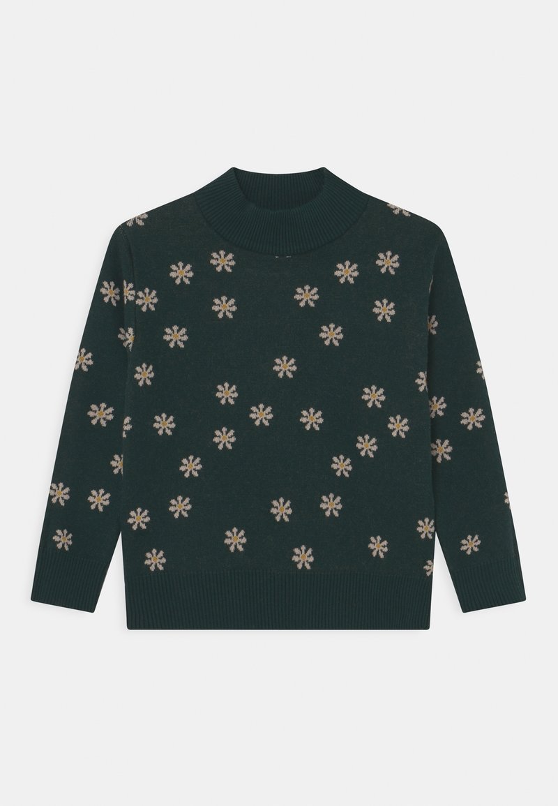 Pull vert foncé à manches longues avec col côtelé haut et motif fleur de marguerite beige réparti sur le devant et les manches.