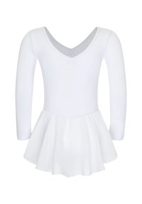 Leotard blanc à manches longues avec un décolleté en V et une jupe évasée. Fabriqué en tissu extensible, il présente un détail nœud au niveau du décolleté.