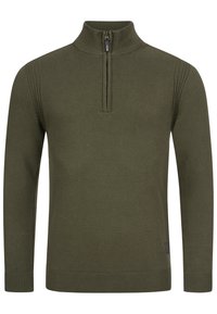 Maglione zip-neck verde oliva realizzato in tessuto a coste. Presenta maniche lunghe e una silhouette aderente con dettagli testurizzati sulle spalle.
