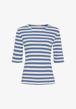 Stribet t-shirt med blå og hvide vandrette striber, rund hals og ¾ lange ærmer. Fremstillet af ribbet stof.