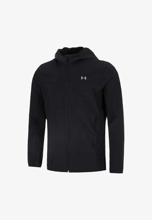 Black hooded jacket made of lightweight fabric featuring a full front zipper, long sleeves, and a small logo on the left chest area.