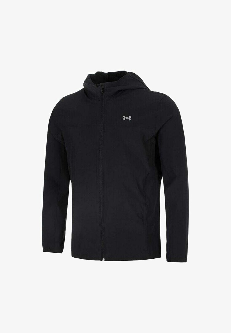 Black hooded jacket made of lightweight fabric featuring a full front zipper, long sleeves, and a small logo on the left chest area.