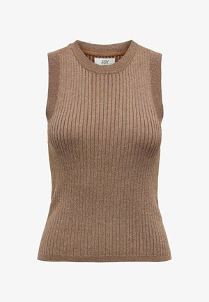 Brązowy, prążkowany top bez rękawów z metalicznym połyskiem, okrągłym dekoltem i dopasowanym krojem. Wykonany z miękkiego, elastycznego materiału.
