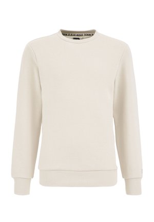 Beige Sweatshirt mit langen Ärmeln und Rundhalsausschnitt, mit gerippten Bündchen an Ärmeln und Saum, minimalistischem Design und Blue Ridge Denim Etikett im Krageninneren.