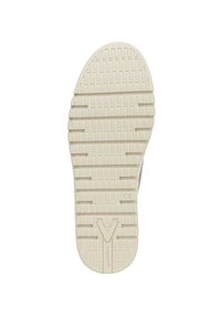 Vionic schoenen zool in lichtbeige met een gestructureerd rubberen oppervlak. Kenmerkt prominente groeven voor grip en een centraal logo-detail.