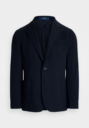 Navyblauwe blazer van textuurstof, met een enkele knoopsluiting, notch-revers en twee voorkruiszakken. Label: Polo Ralph Lauren.