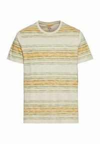 Korte mouwen t-shirt in lichtbeige met gemengde strepen in groen en oranje. Van katoen met een ronde hals en een ontspannen pasvorm.