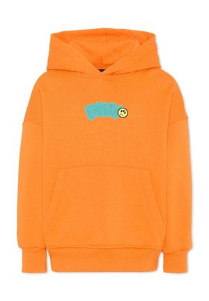 Felpa con cappuccio arancione con tasca frontale e grafica di testo turchese con un'emoji gialla di faccina triste al centro del petto.