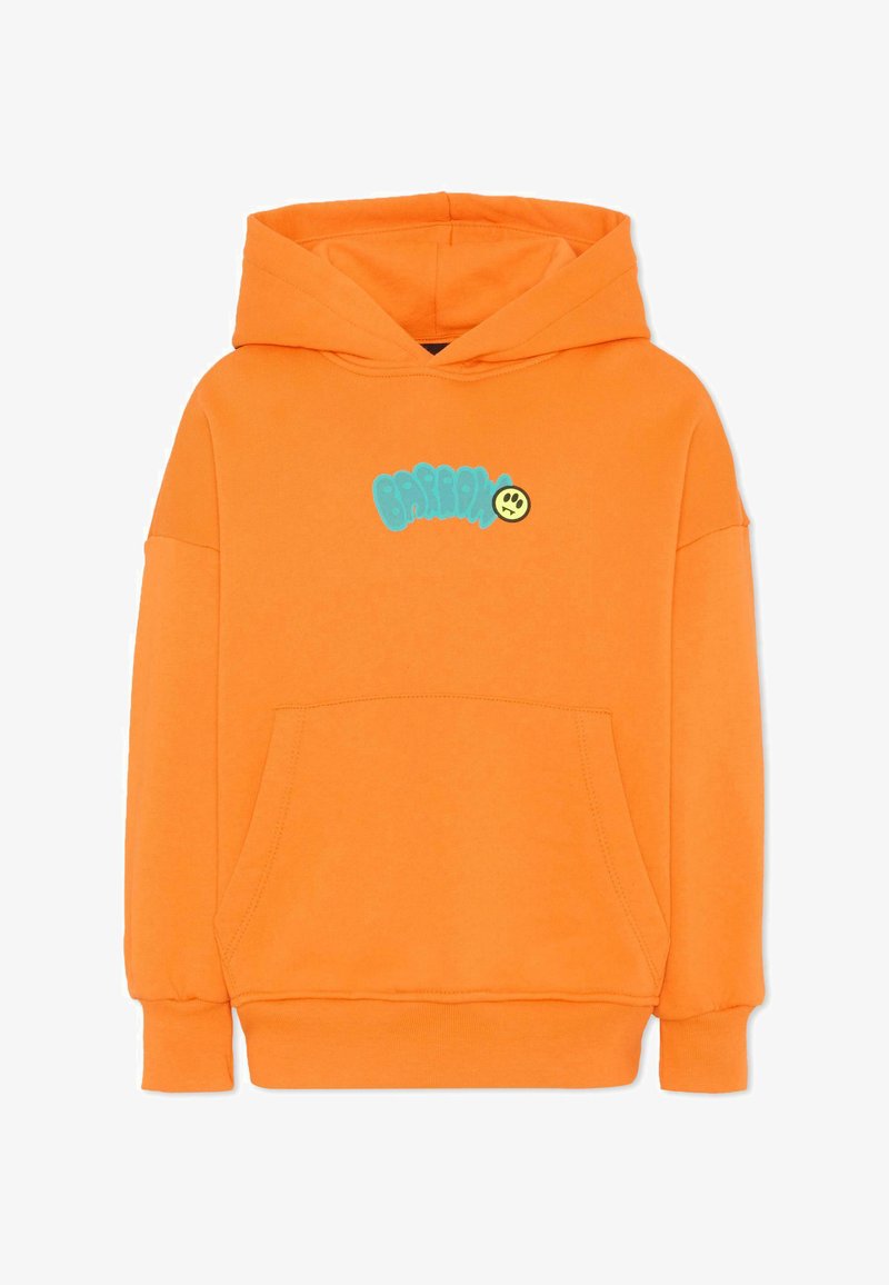 Sweat à capuche orange avec poche avant et graphique texte turquoise accompagné d'un emoji visage triste jaune centré sur la poitrine.
