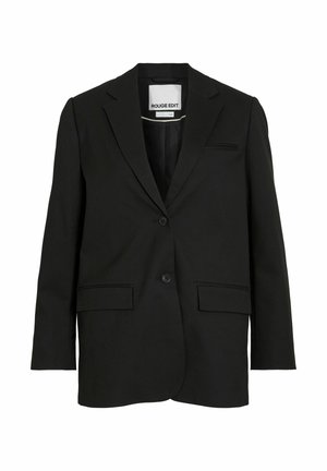 Veste noire cintrée avec revers crantés, deux boutons, poches à rabat et une poche poitrine passepoilée, étiquetée "ROUGE EDIT" à l'intérieur du col.