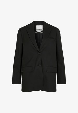 Veste noire cintrée avec revers crantés, deux boutons, poches à rabat et une poche poitrine passepoilée, étiquetée "ROUGE EDIT" à l'intérieur du col.