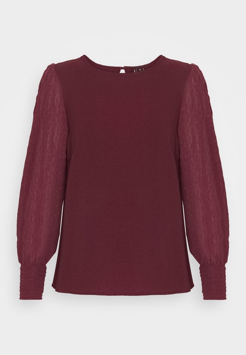 Blouse grenat à manches longues avec manches texturées semi-transparentes, encolure ronde et fermeture par boutons au dos.