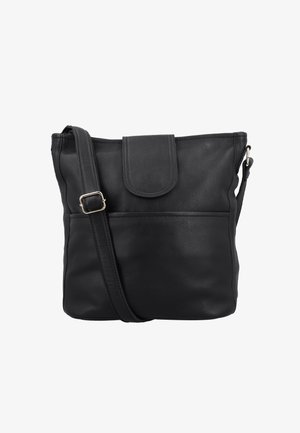 Black leather crossbody bag with a fold-over flap, adjustable strap, single front pocket, and soft-textured surface.