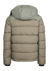 Giacca imbottita di un colore oliva tenue, con cappuccio bicolore, polsini a coste e un design trapuntato per l'isolamento. Solo vista posteriore.