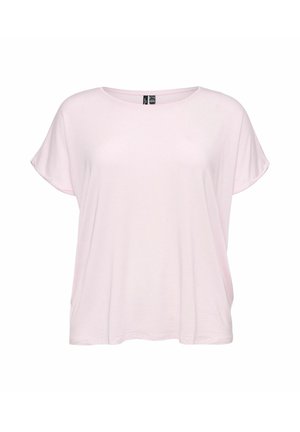 Lichtroze losse dames-T-shirt met korte mouwen en ronde hals, afgebeeld op een witte achtergrond.