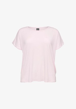 Lyserød kortærmet løstsiddende T-shirt til kvinder med rund halsudskæring, vist på en hvid baggrund.