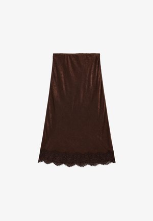 Brauner Rock aus strukturiertem Stoff, mit einem Spitzenbesatz mit Wellensaum am Saum und einem glatten Oberbereich, knielang.