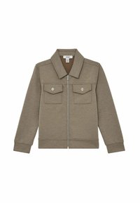 Braune Zip-Jacke mit großem Kragen, zwei Brusttaschen und gerippten Bündchen. Hergestellt aus strukturiertem Stoff mit einem glatten Innenfutter.