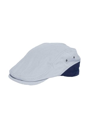 Light gray flat cap with navy blue back panel, featuring metal eyelets on the side for ventilation, displayed on a white background.