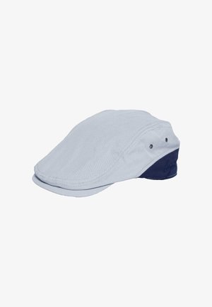 Hellgraue Schiebermütze mit navyblauem Rückenteil, seitlich mit Metallösen zur Belüftung versehen, auf weißem Hintergrund dargestellt.