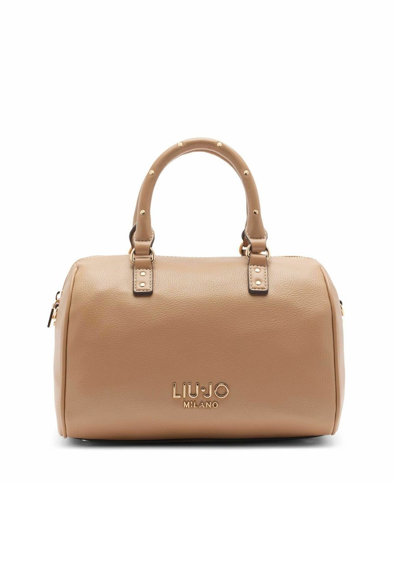 Béžová kožená kabelka s kulatým tvarem, dvojitými horními uchy a logem ve zlatém tónu. Disponuje zlatými hroty na uchu a zipovým uzávěrem.