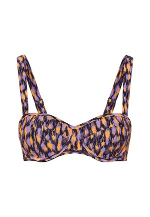 Purpursarkans un oranžs modelis bikini augšdaļa ar stangām, regulējamiem siksniņām un bezšuvju kausiem. Iekļauj tekstūru auduma dizainu.