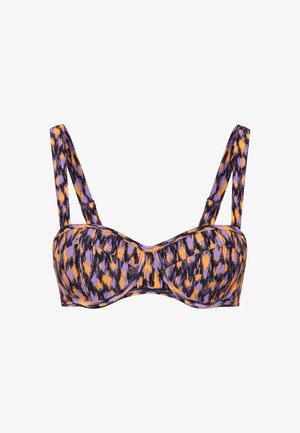 Fioletowy i pomarańczowy bikini górny w wzory z fiszbinami, regulowanymi ramiączkami i bezszwowymi miseczkami. Charakteryzuje się teksturowanym wzorem materiału.
