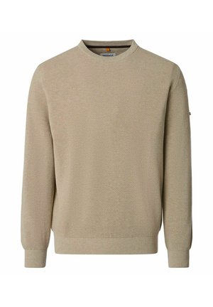 Beżowy sweter z dzianiny o fakturze, z długim rękawem, prążkowanymi mankietami i dolnym ściągaczem, odpowiedni na co dzień.