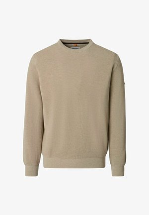 Beżowy sweter z dzianiny o fakturze, z długim rękawem, prążkowanymi mankietami i dolnym ściągaczem, odpowiedni na co dzień.