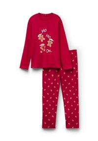 Rotes langärmeliges Pyjamaoberteil mit Lebkuchenmännchen und Schriftzug. Passende rote Hose mit kleinen Lebkuchenmustern. Weicher Stoff.