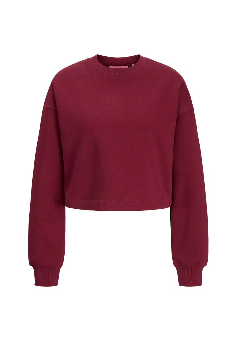 Felpa corta color bordeaux realizzata in tessuto morbido, con scollo rotondo e maniche lunghe a coste. Design semplice senza motivi visibili.