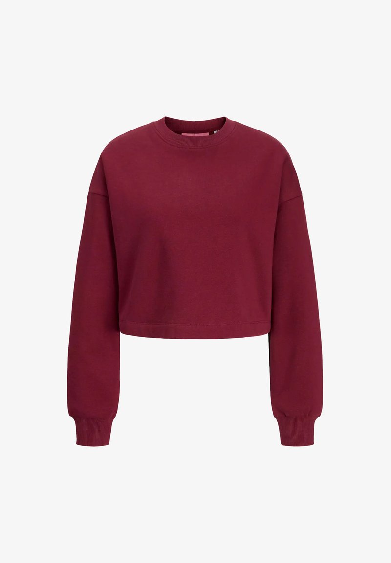 Felpa corta color bordeaux realizzata in tessuto morbido, con scollo rotondo e maniche lunghe a coste. Design semplice senza motivi visibili.