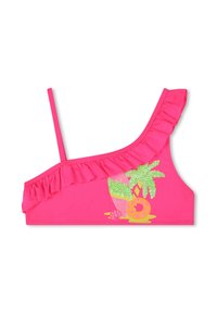 Rózsaszín bikini felsőrész, texturált fodros szélekkel, trópusi gyümölcs és pálmafa grafikával, sárga és zöld árnyalatokkal.