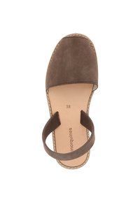 Brown suede sandal with a wide toe strap and back strap. Features a natural leather insole and stitched edge detail along the sole. Size 38.