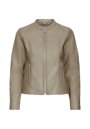 Šviesiai ruda odinė striukė su raštuotu apykakle, horizontaliais pečių siūlais ir dviem užtrauktukais užsegamais priekiniais kišenėmis. Optimizuota silueto forma ir lygus paviršius.