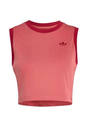 Top bez rukava, kratki, crvene i ružičaste boje s rebrastim uzorkom, okruglim izrezom i malim tamnocrvenim Adidas logom na lijevoj strani prsa.