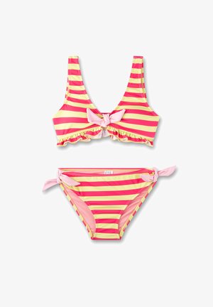 Gestreifter Bikini-Satz in Gelb und Pink. Das Oberteil hat einen tiefen V-Ausschnitt, Rüschensaum und eine Bindung in der Mitte; die Unterteile haben seitliche Bindebänder.