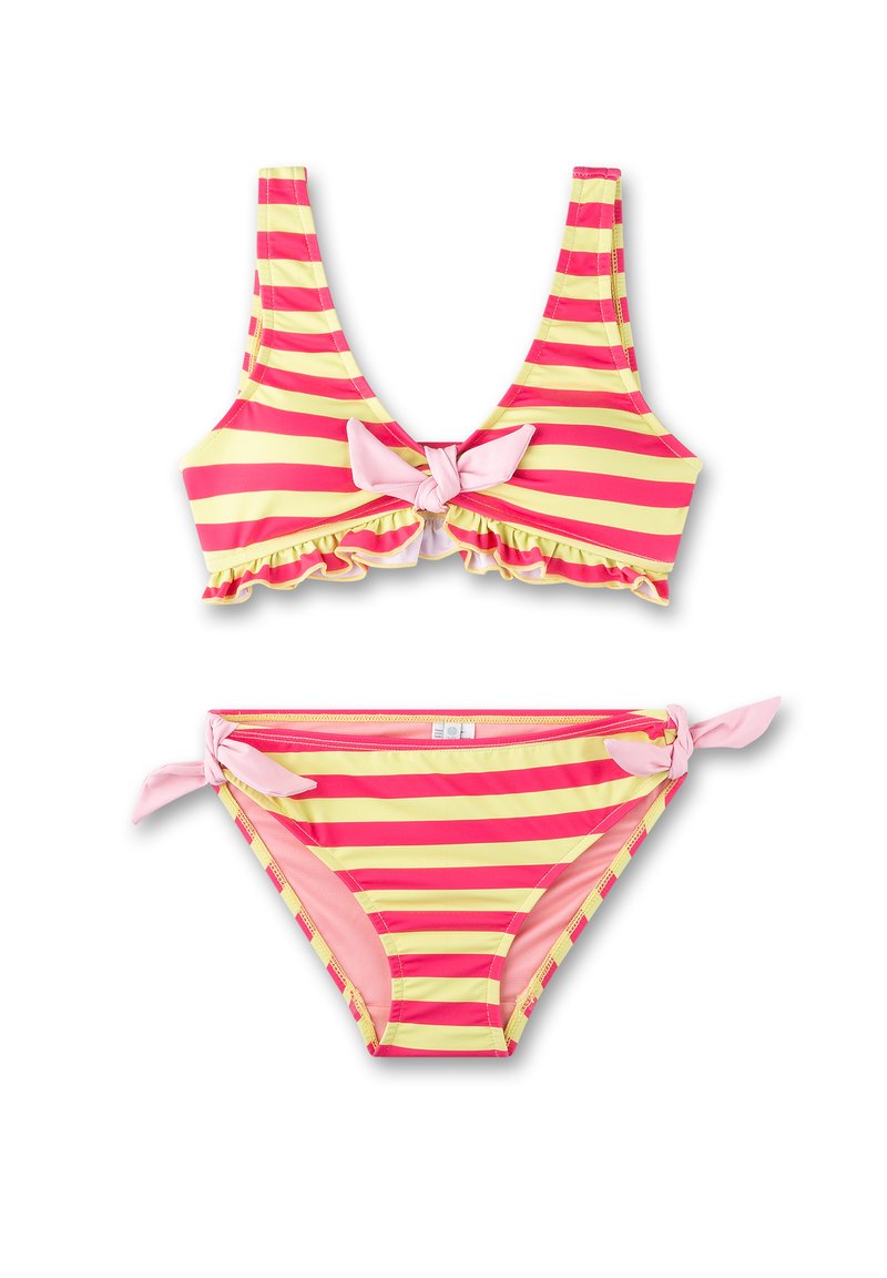 Gestreifter Bikini-Satz in Gelb und Pink. Das Oberteil hat einen tiefen V-Ausschnitt, Rüschensaum und eine Bindung in der Mitte; die Unterteile haben seitliche Bindebänder.